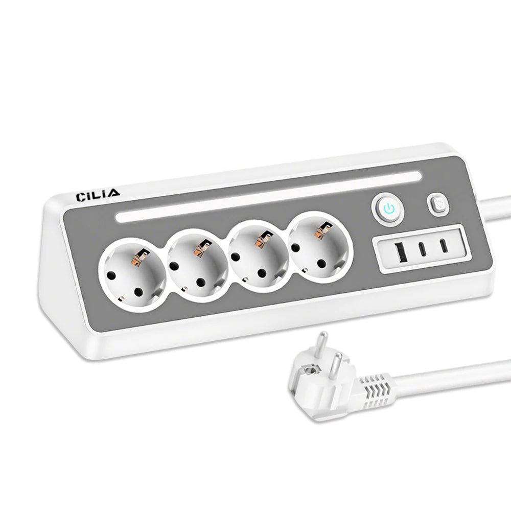 CILIA EU Power Strip 4 Schuko 2 USB C 1 USB A, 3680W 16A Surge Protection with Switch LED, 1 5m Cable for Home