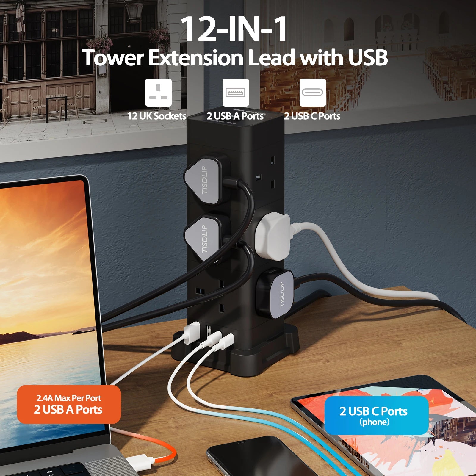 UK Power Tower Extension Lead – Multi Socket Surge Protector with USB-C & USB Charging Ports