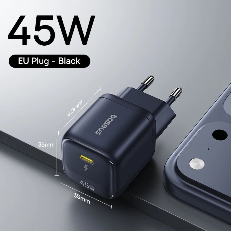 Baseus 45W GaN Charger For iPhone 17 16 15 Pro Max Samsung Galaxy Fast Charger Phone Charger USB C Charger Portable PD Charger
