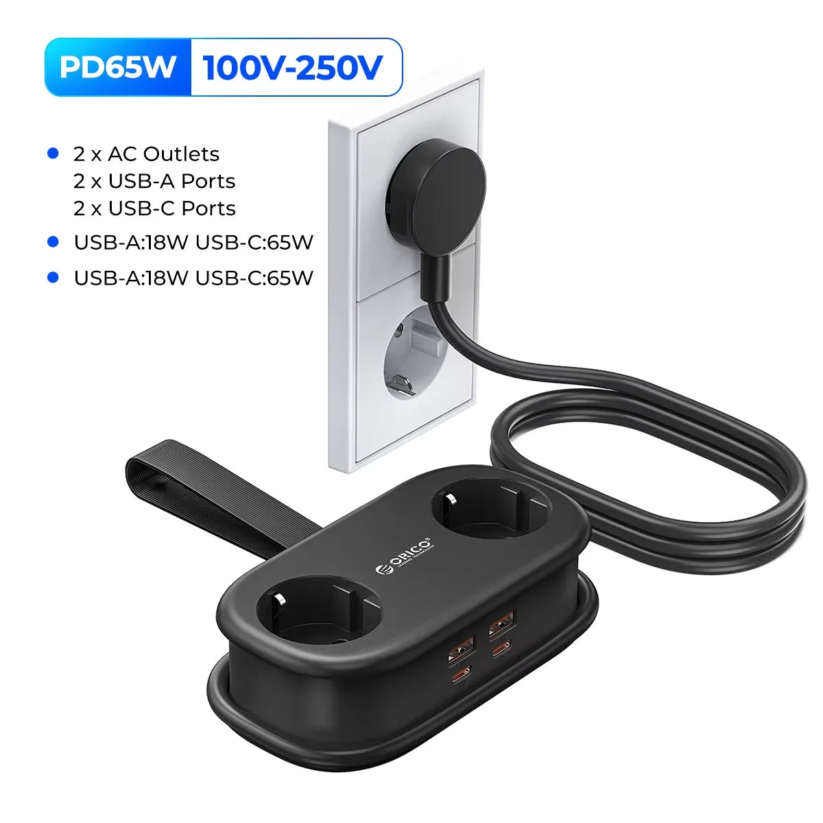 ORICO 65W GaN Power Strip – 2 AC Outlets, 2 USB & 1 USB-C
