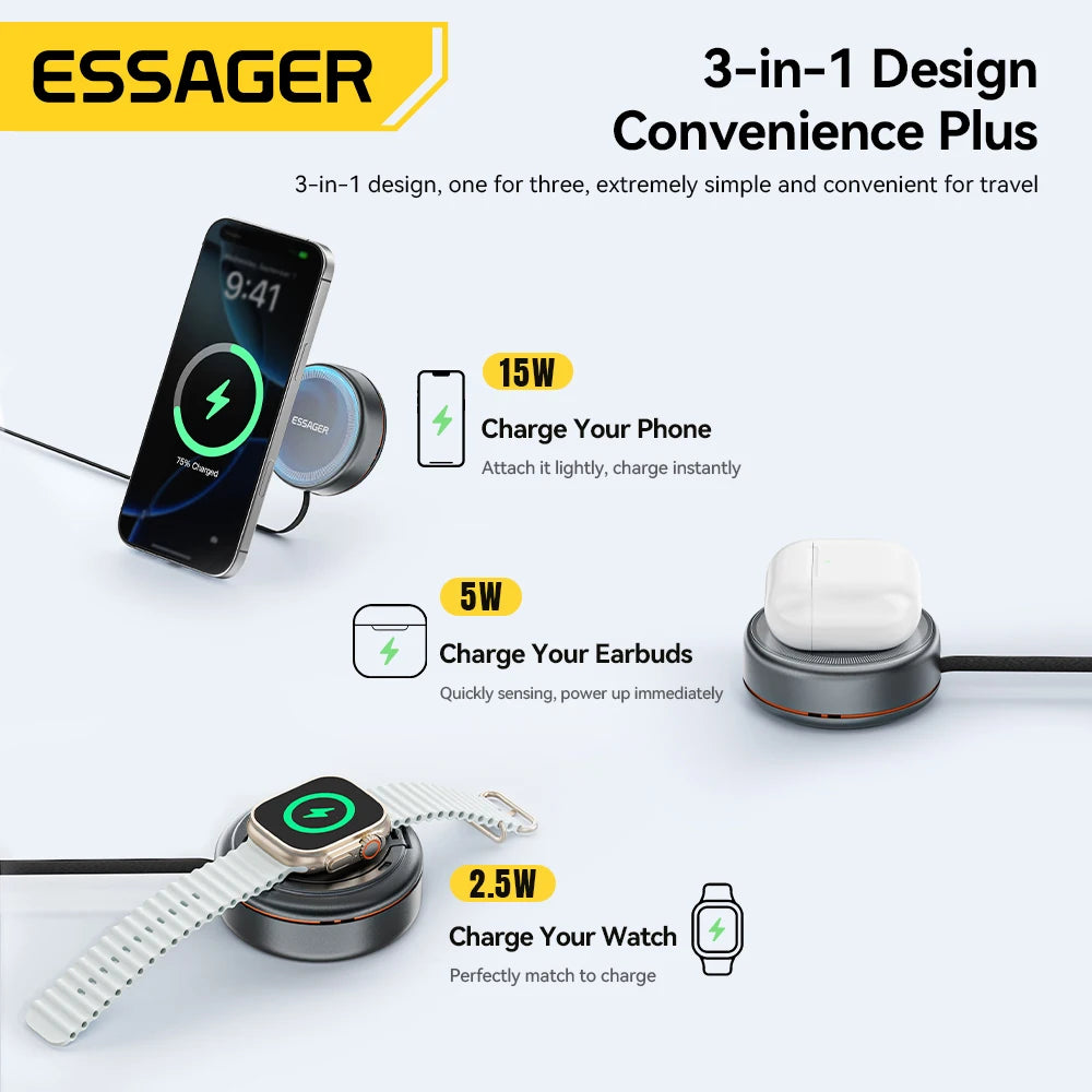 Essager Wireless Charger – 15W, iPhone, AirPods & Watch