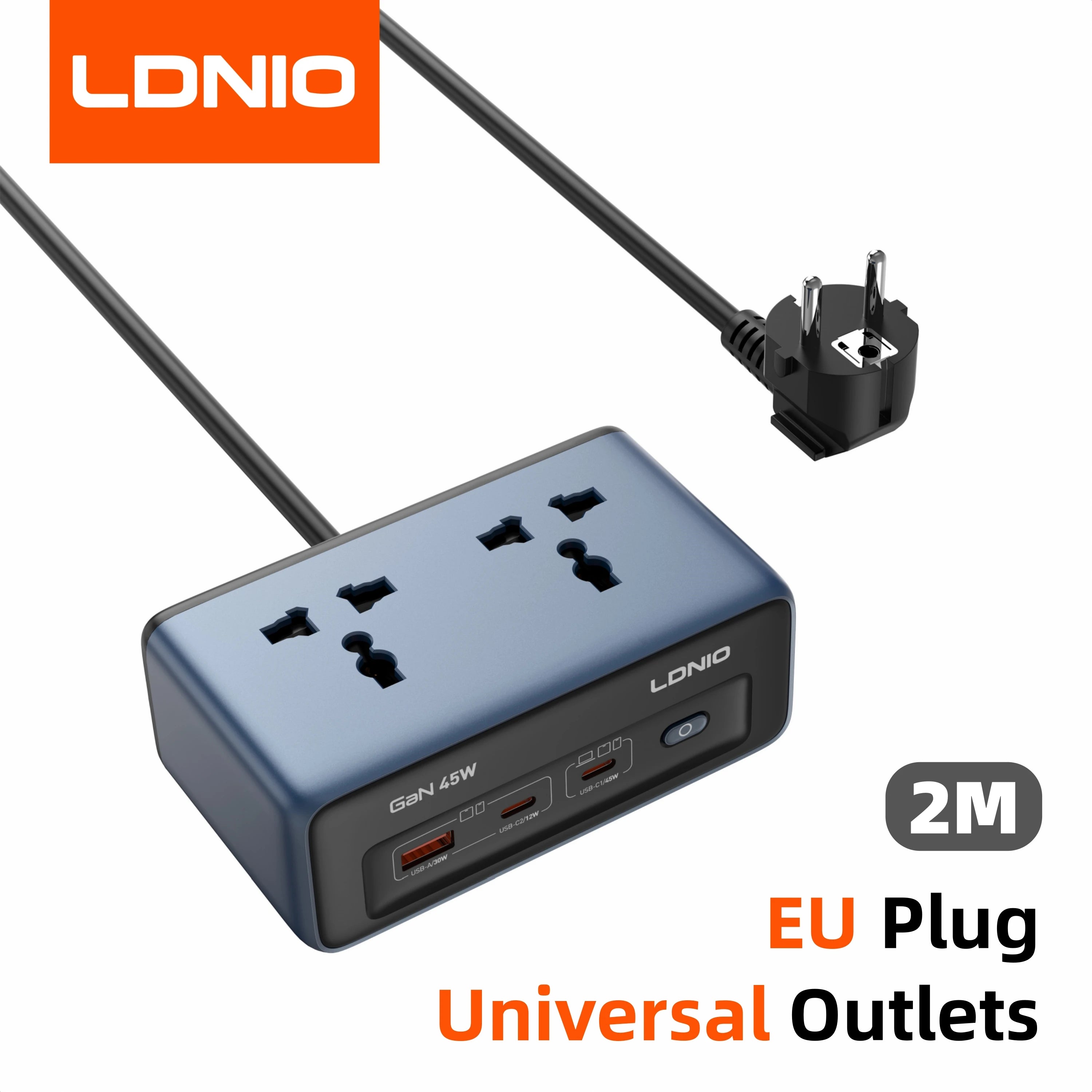 LDNIO 45W Fast Charger Cube – USB-C Charging Station with Extension Cable 2 M