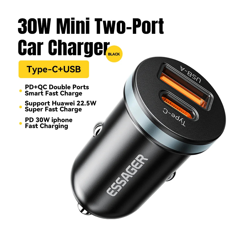Essager 30W USB Type C Car Charger Fast Charge PD QC 3.0 FCP AFC For iphone 14 13 12 Xiaomi Huawei Samsung Mobile Phones Adapter