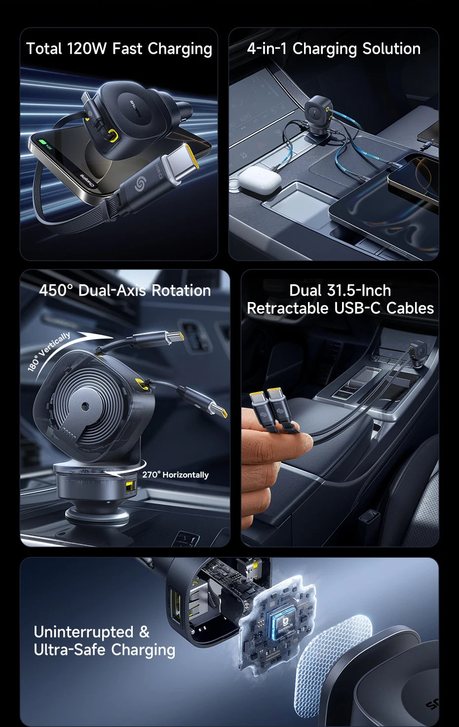 Baseus 4-Port USB-C Car Charger – PD Fast Charge