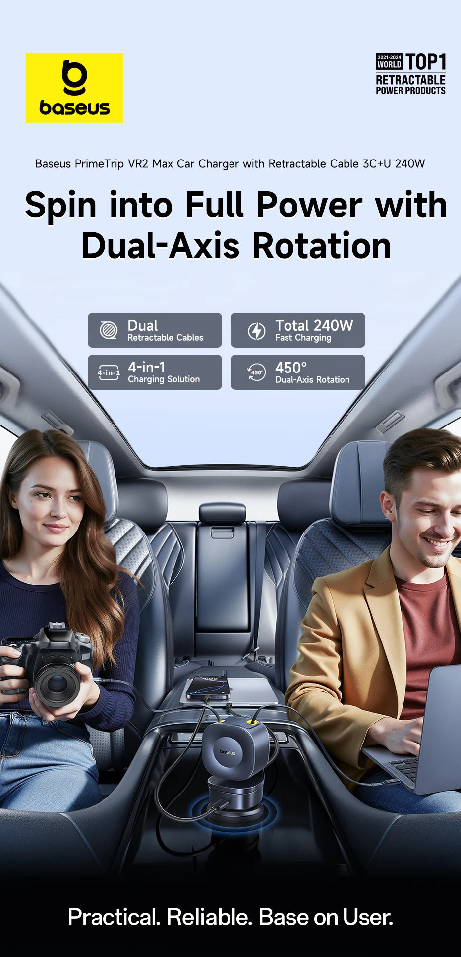 Baseus 240W Car Charger – 4-Port Fast Charging Adapter with Retractable USB-C Cable