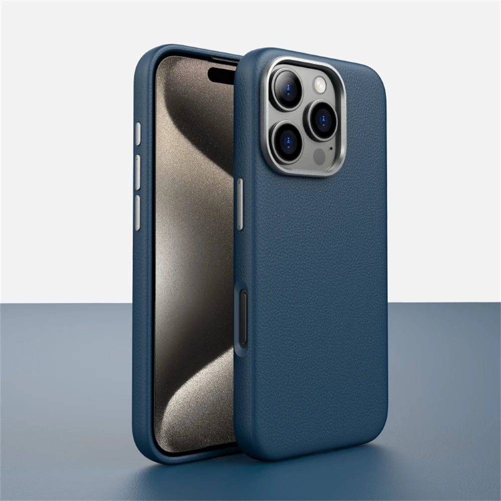 Luxury Business Metal Camera PU Leather Magnetic Case for iPhone 15–17 Series – MagSafe Wireless Protective Cover