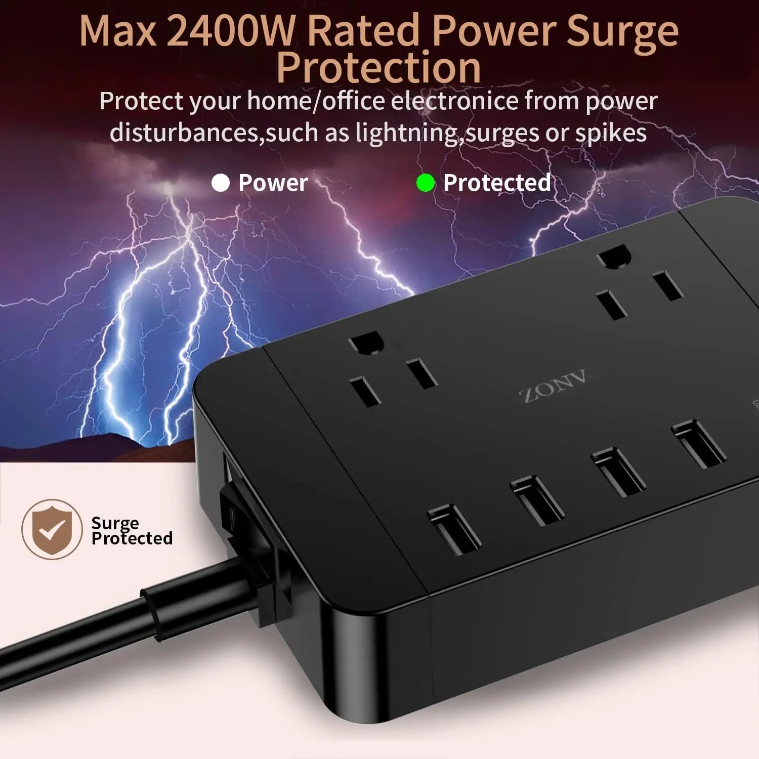 Power socket 2AC 6FT power cord 4 USB charging ports 1 USB-C 20W fast charging flat plug suitable for commercial and office use