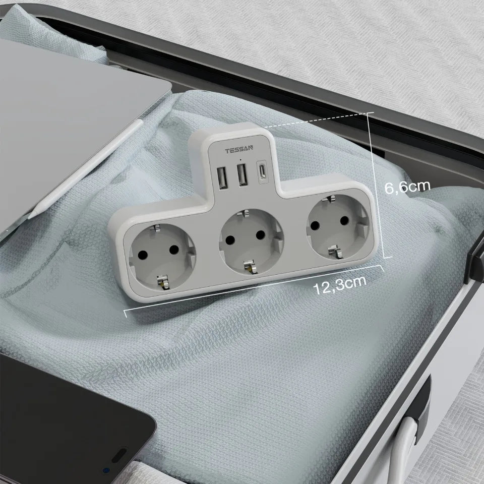 TESSAN Multiple Wall Socket with 3 AC Outlets Charging Ports EU Plug Wall Power Strip with Overload Protection 3fach Stecker Eu