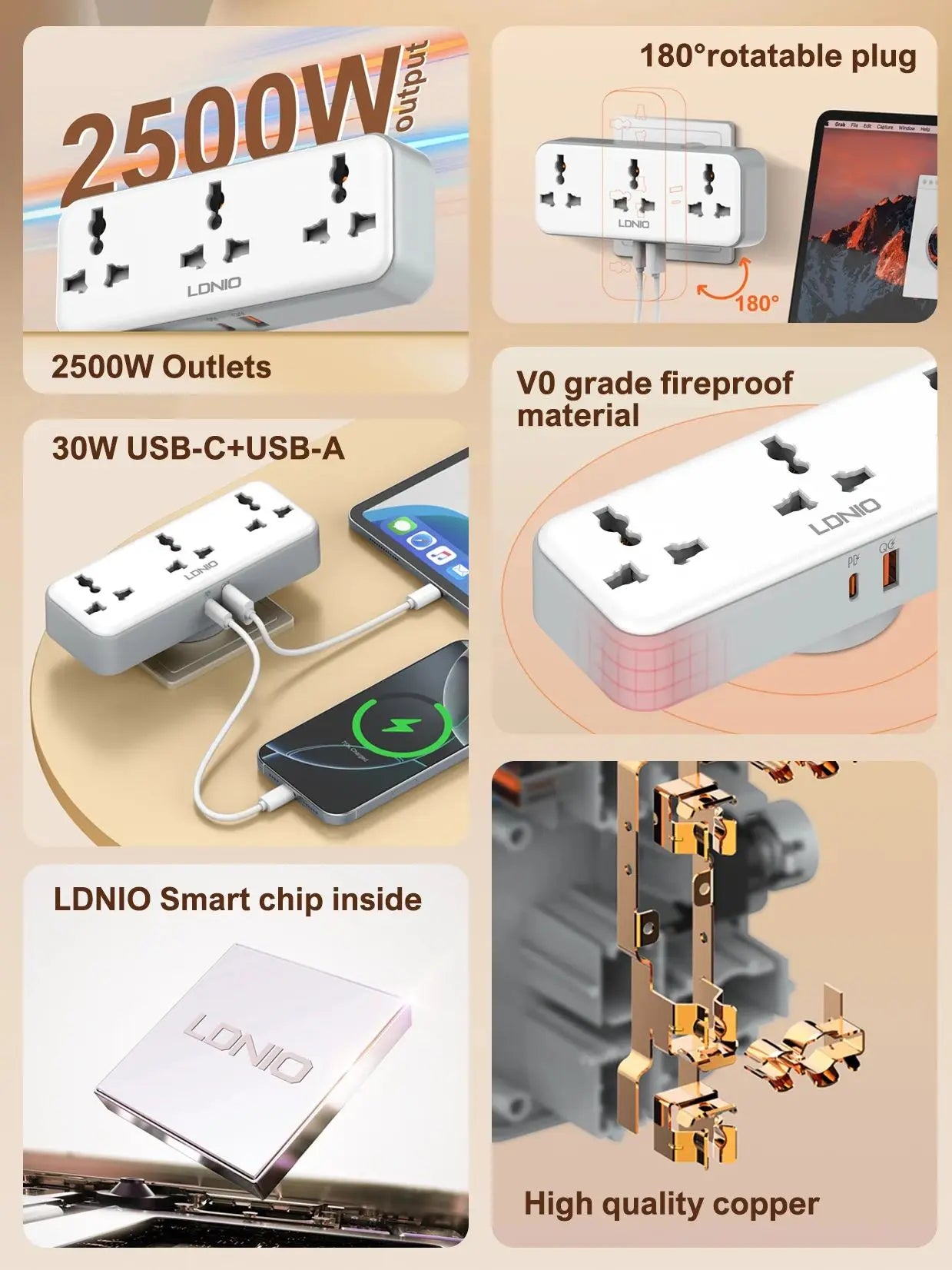 LDNIO Rotatable Power Plug with Switch – 3 AC Sockets & 2 USB (30W PD)