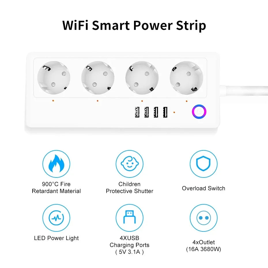 Zigbee Smart Power Strip – 1- 4 AC Outlets & 4 USB Charging Ports