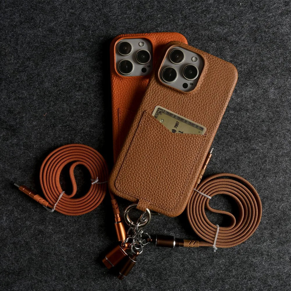 Multifunctional Charging Cable Lanyard Genuine Leather Case For iPhone 16 Pro Max 15Pro 11 13 12 14Pro Crossbody Strap Card Slot