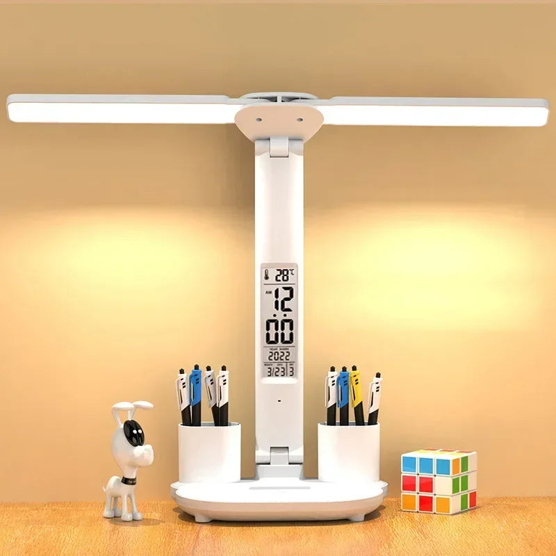LED Desk Lamp – USB Dimmable Foldable Table Lamp with Clock, Calendar, Temperature Display & Night Light