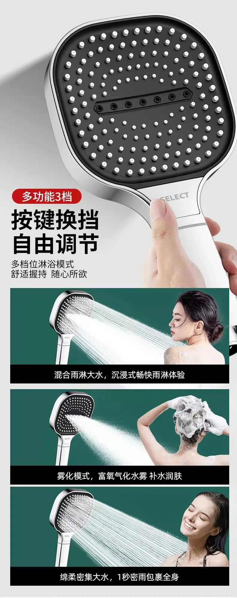 High Pressure Shower Head 13CM – 3 Modes, Massage Water Flow with Filter