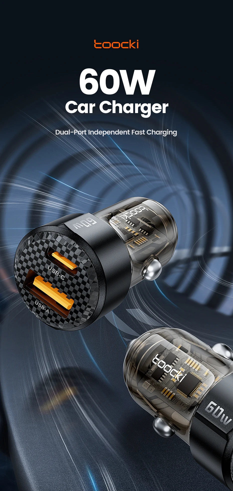 Toocki 60W Car Charger 30W Quick Charge Transparent Case PD 27W for iPhone 15 14 13 12 Xiaomi Poco Samsung Fast Charger Charging