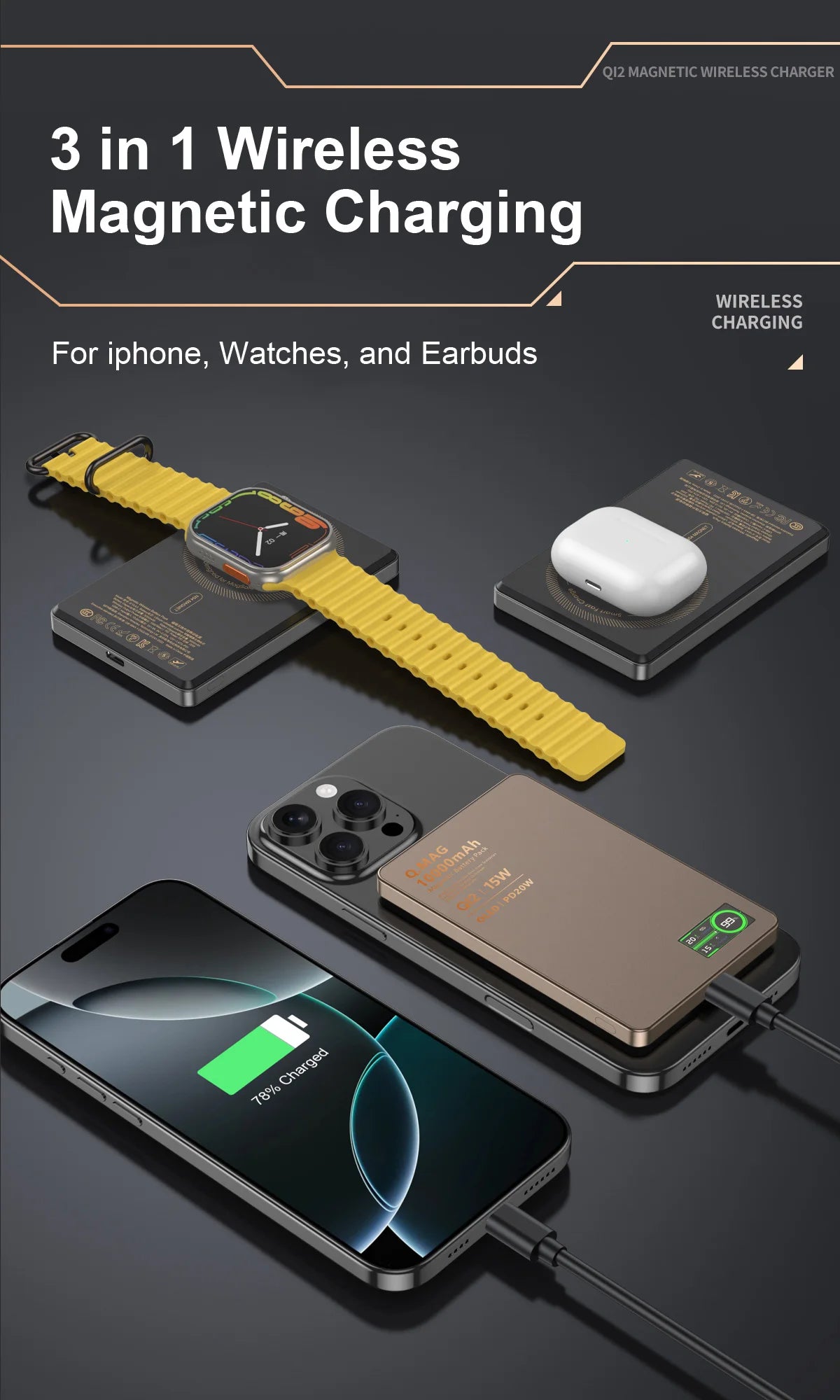 15W Wireless Magnetic Power Bank – LCD Display, iPhone, AirPods & Watch Charging