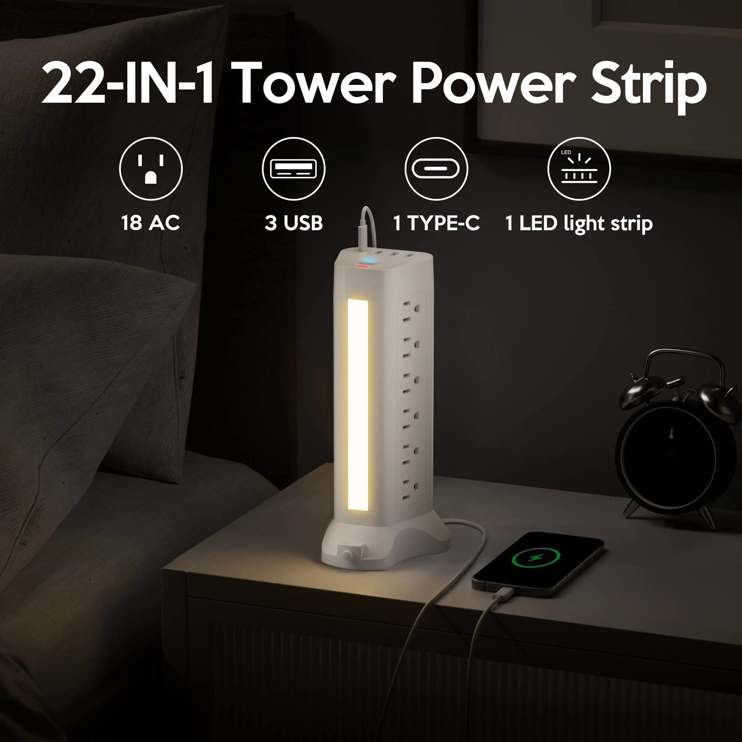 Power Strip  – Tower with 18 AC Outlets with 3 USB-A – 1 USB-C & Surge Protection