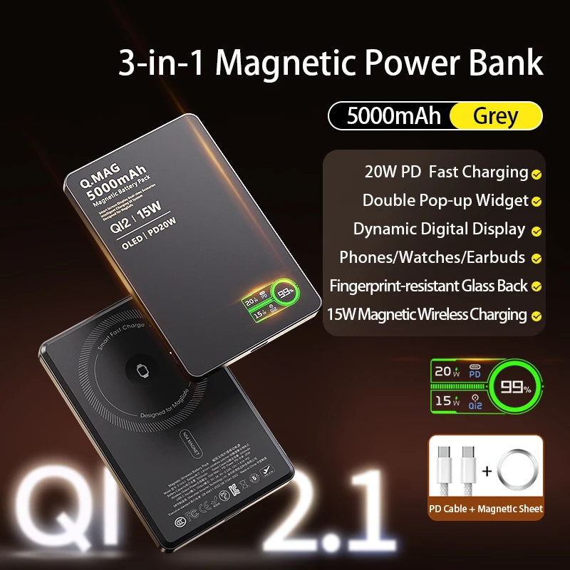 15W Wireless Magnetic Power Bank – LCD Display, iPhone, AirPods & Watch Charging
