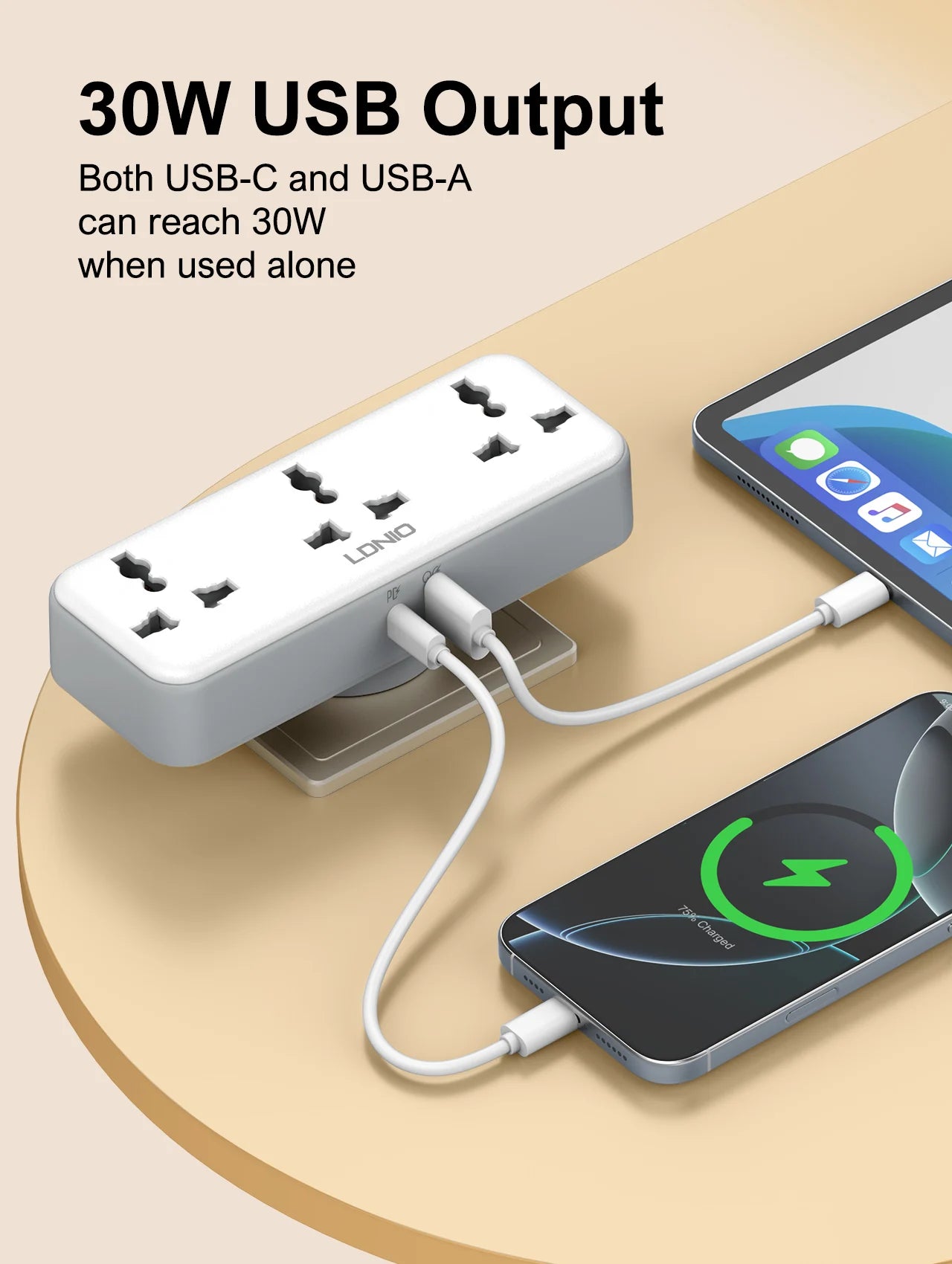 LDNIO Rotatable Power Plug with Switch – 3 AC Sockets & 2 USB (30W PD)