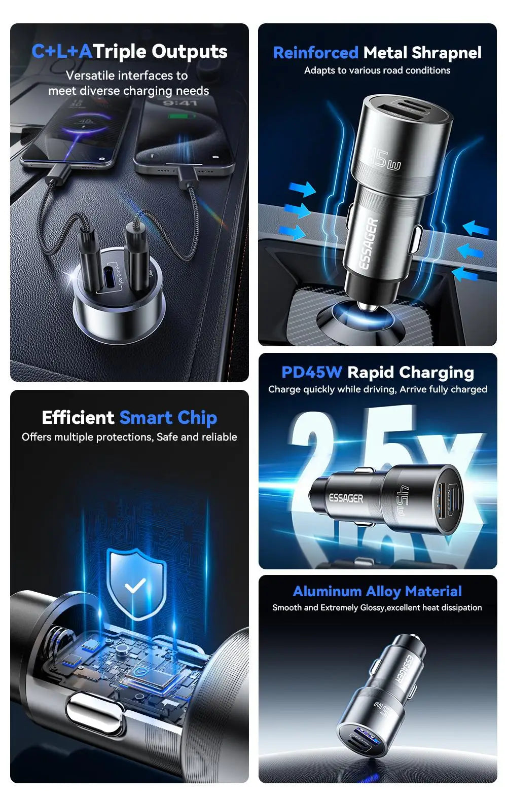 Essager Car Charger 3 Ports 45W USB Type C Fast Charging Phone Quick Charge for IPhone 15 14 Huawei Xiaomi Samsung Laptop Tablet