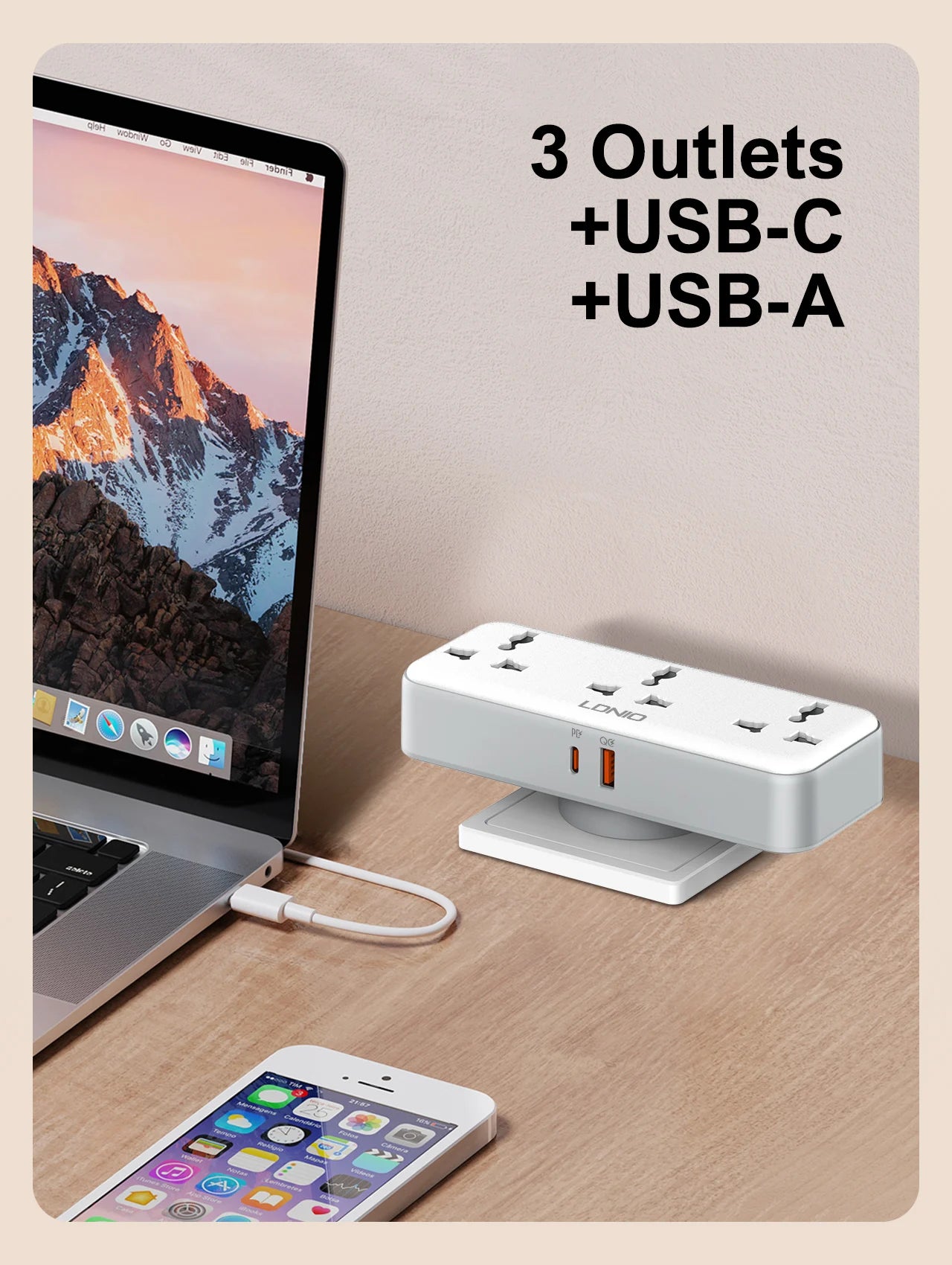 LDNIO Rotatable Power Plug with Switch – 3 AC Sockets & 2 USB (30W PD)