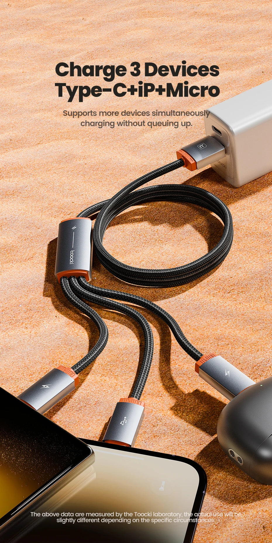 TOOCKI 3-in-1 Fast Charging Cable – USB-C, Lightning & Micro USB Multi Charging Cable