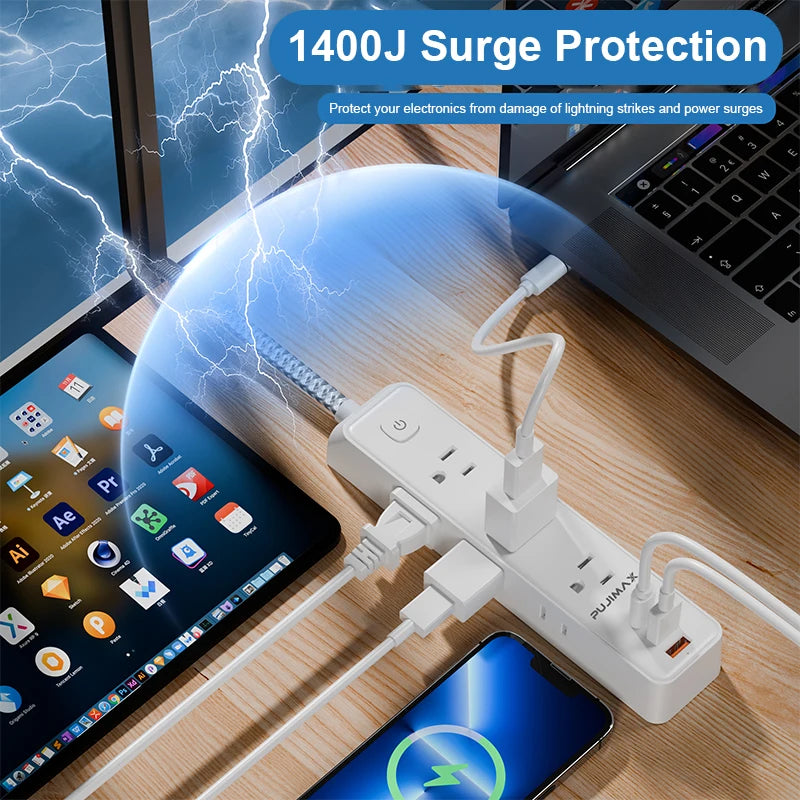 PUJIMAX Power Strip – 5ft Extension Cable with 5 AC Outlets & 3 USB Ports