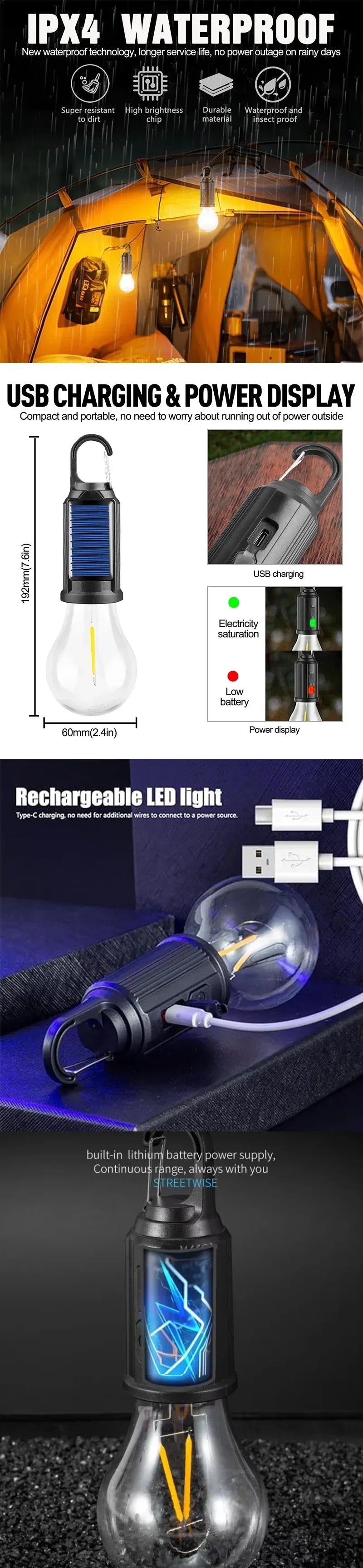 Outdoor USB Rechargeable LED Lamp Bulbs High Brightness Emergency Light Hook Up Camping Fishing Portable Lantern Night Lights