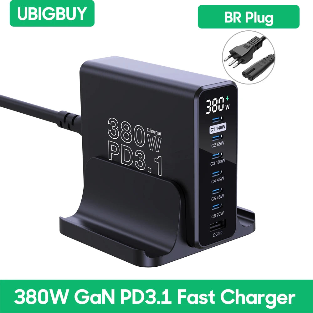 Ubigbuy 380W GaN USB C Charger PD 3.1 140W 100W PPS 45W Fast Charging Station LCD Display for iPhone 15 Samsung MacBook Pro/Air