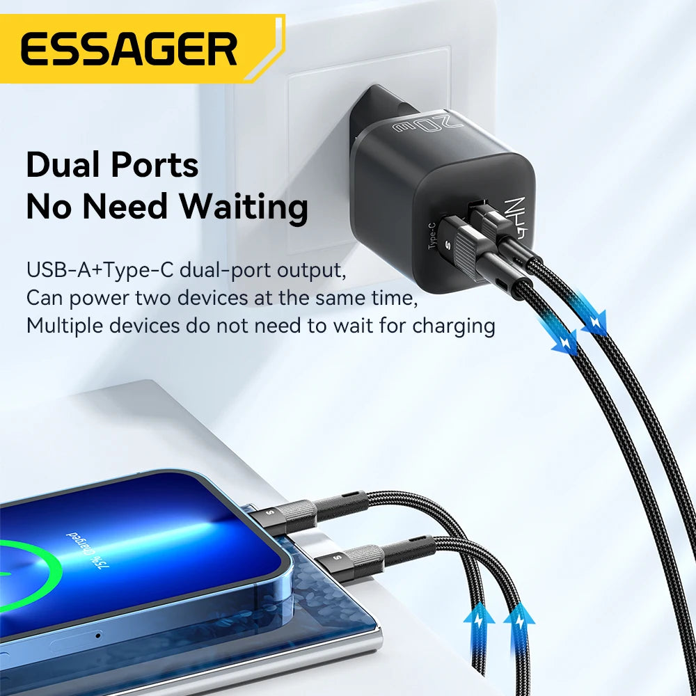 Essager 20W GaN USB Type C Charger Fast Charge Phone QC 3.0 Quick Chargers For iPhone 15 14 13 12 11Pro Max Mini iPad Charging