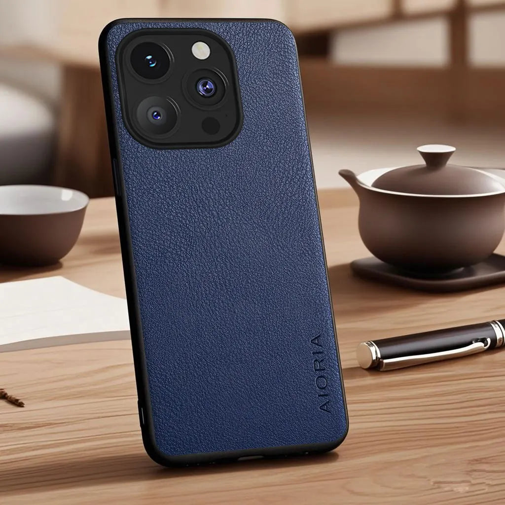 Vegan Faux Lychee Pebbled Leather Case for iPhone 15–17 Series – Soft Protective Cover