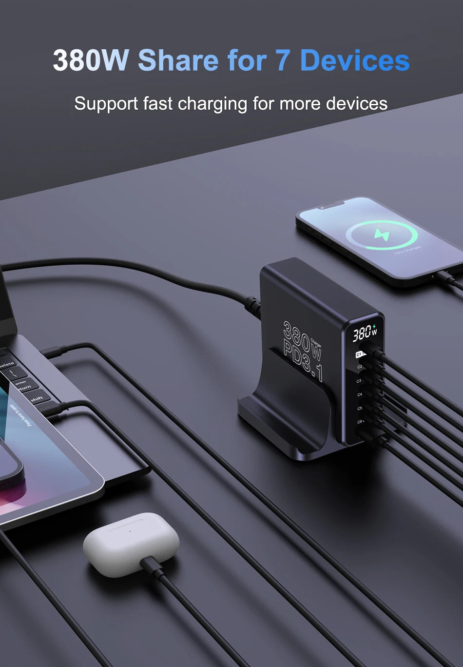 Ubigbuy 380W GaN USB C Charger PD 3.1 140W 100W PPS 45W Fast Charging Station LCD Display for iPhone 15 Samsung MacBook Pro/Air