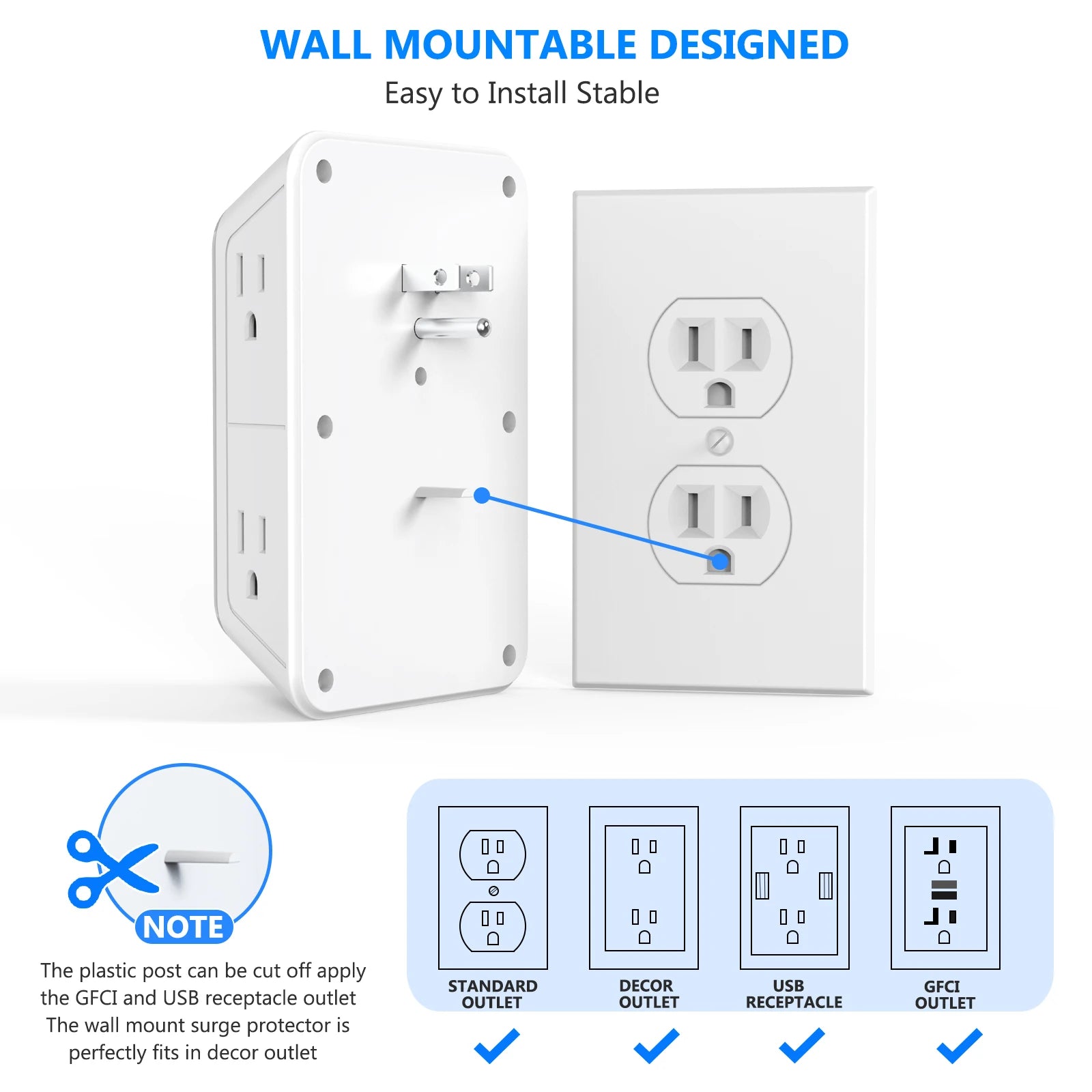 US Multi-Socket Wall Power Strip – 6 AC Outlets, 2 USB & 2 USB-C with Network Filter