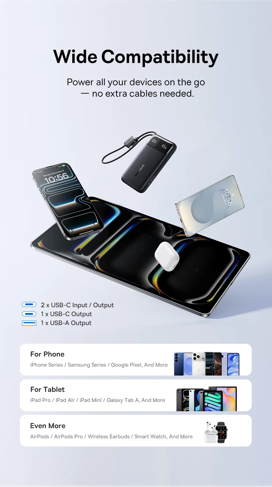 Baseus 45W Power Bank 10000mAh 20000mAh Built-In Dual USB-C Cable Fast Charging for iPhone 17 16 Pro Max Samsung S25 Xiaomi Poco