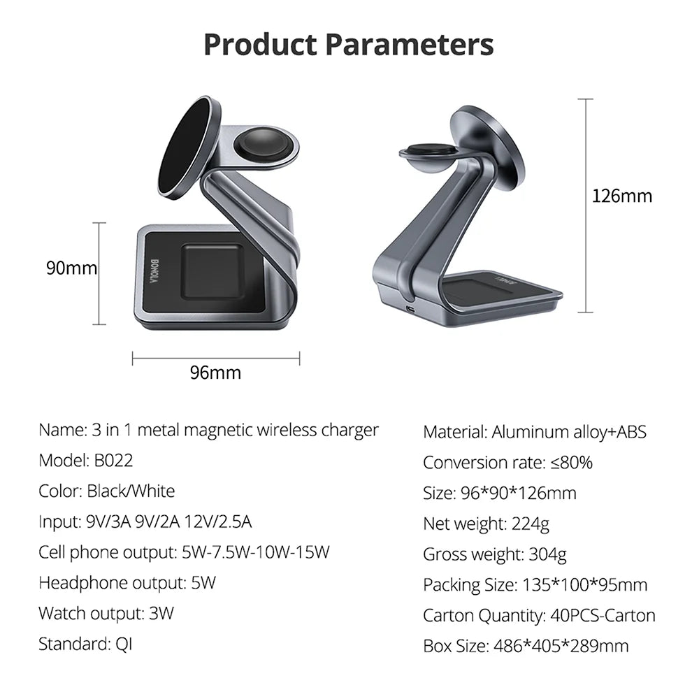 Bonola Wireless Charging Stand – 15W Fast Charge, 3-in-1 for Phone, Watch & Buds