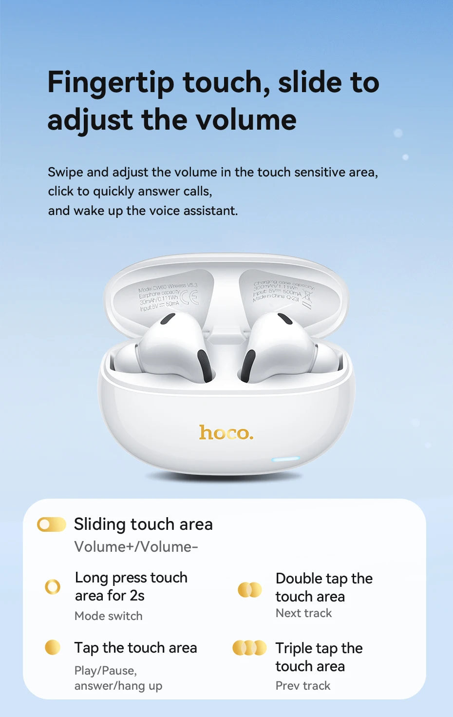 HOCO EW60 Bluetooth 5.0 Earbuds Wireless Hi-Res Audio Earphones Touch Control Waterproof Sports Headset with Mic for Running Fit
