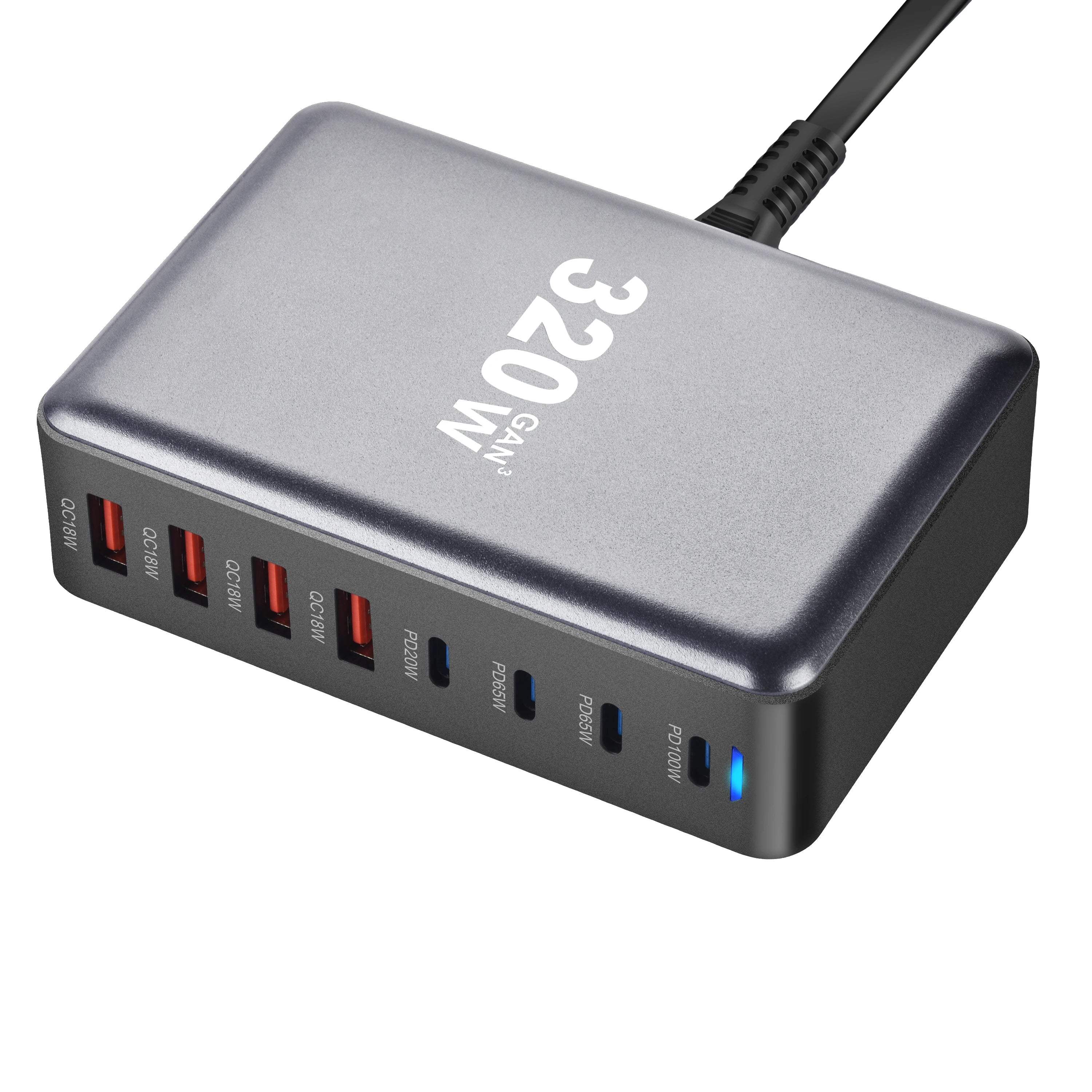 8-Port 320W GaN Fast Charger – C-Type PD Mobile Station