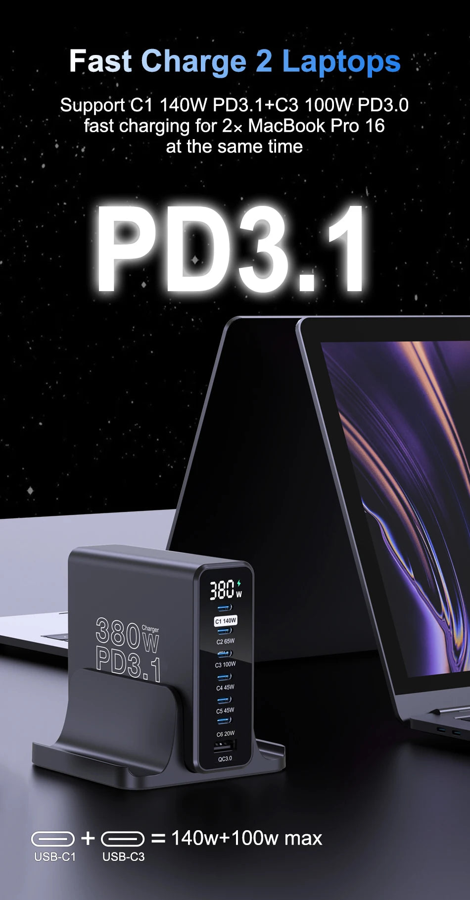 Ubigbuy 380W GaN USB C Charger PD 3.1 140W 100W PPS 45W Fast Charging Station LCD Display for iPhone 15 Samsung MacBook Pro/Air