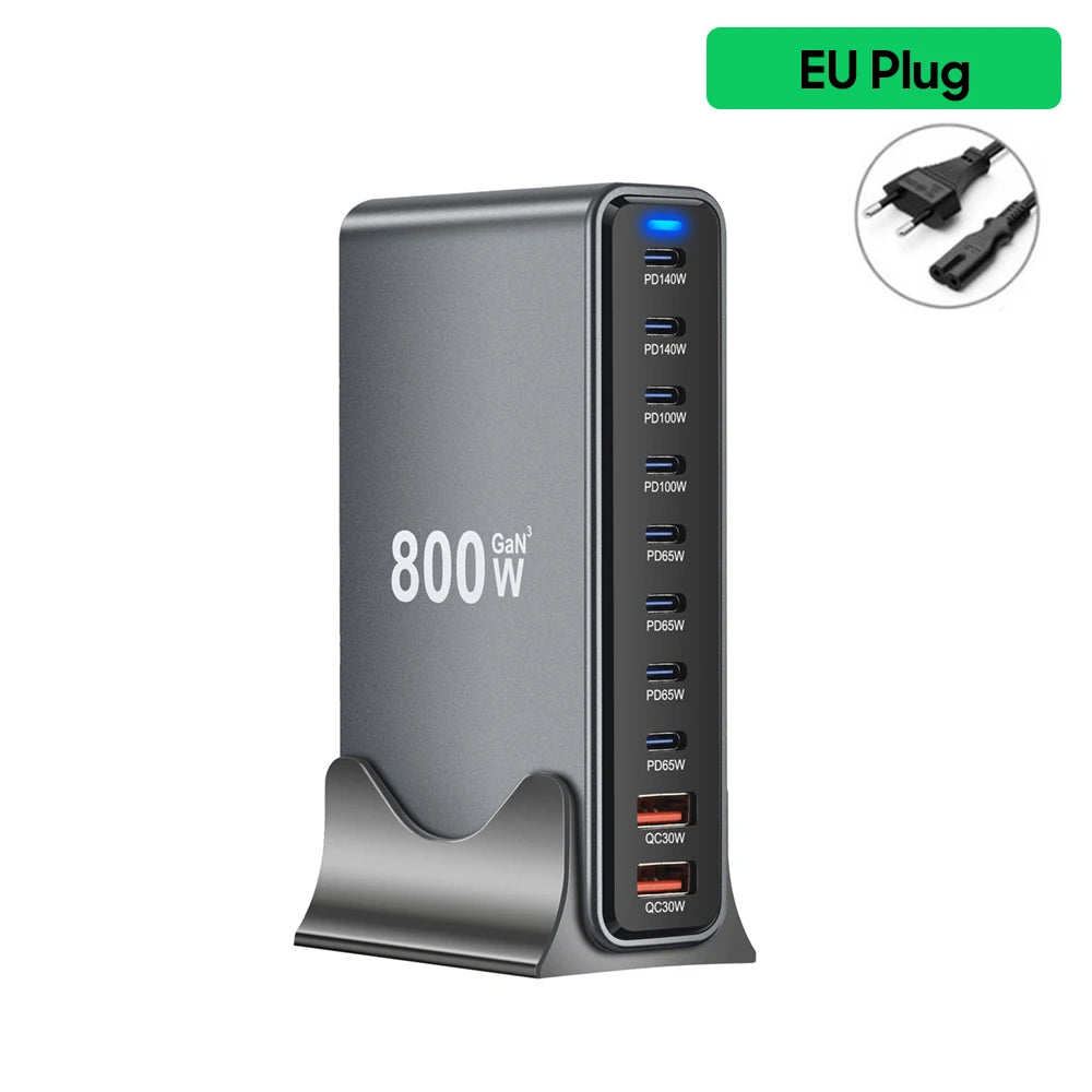 800W GaN 10-Port USB-C Fast Desktop Charger – PD3.1 for iPhone, Samsung & Laptop