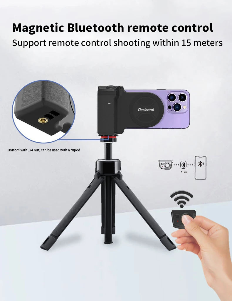 Magnetic SnapGrip Phone Stand – Selfie & Vlogging Tripod with Bluetooth Remote
