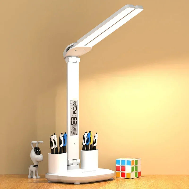 LED Desk Lamp – USB Dimmable Foldable Table Lamp with Clock, Calendar, Temperature Display & Night Light