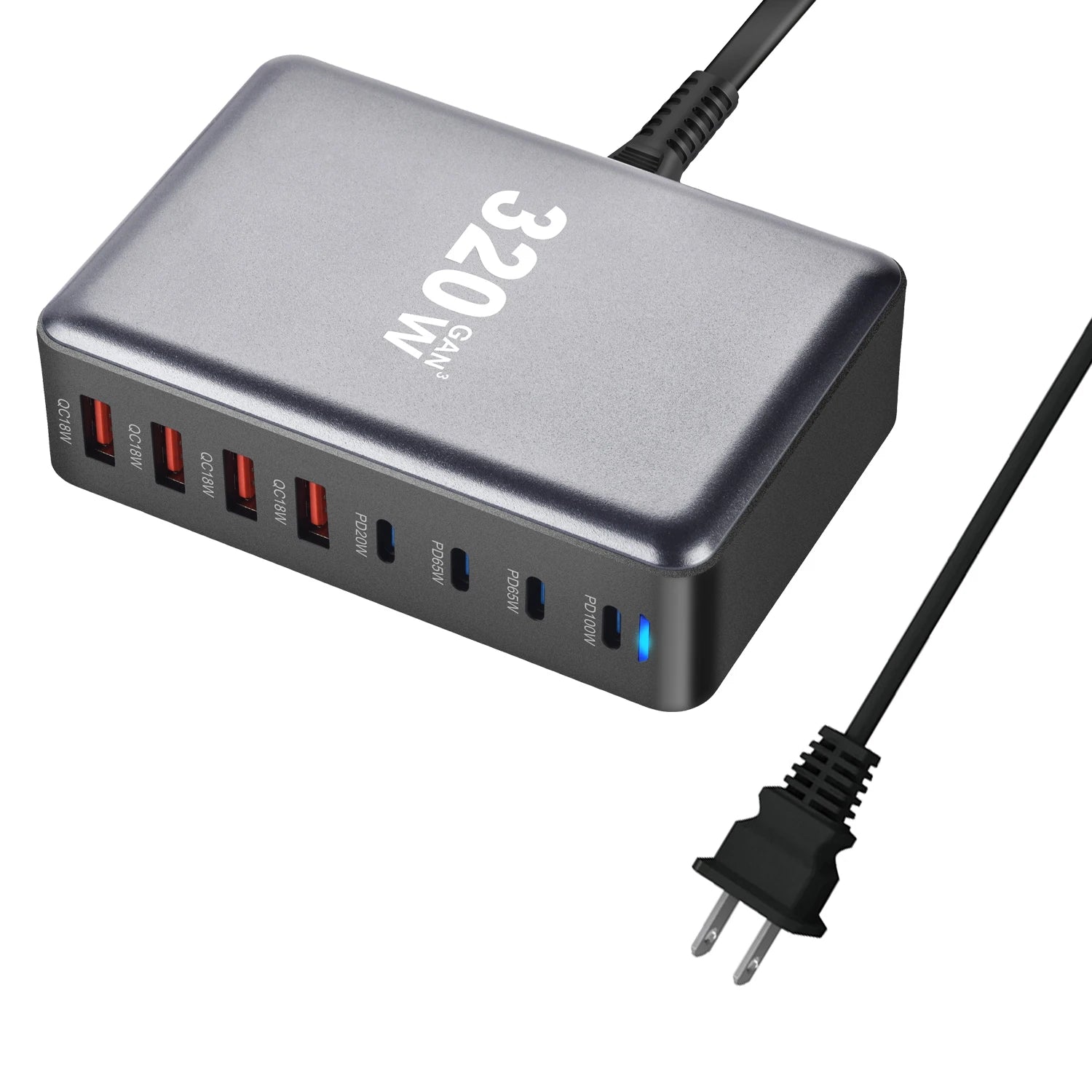 8-Port 320W GaN Fast Charger – C-Type PD Mobile Station