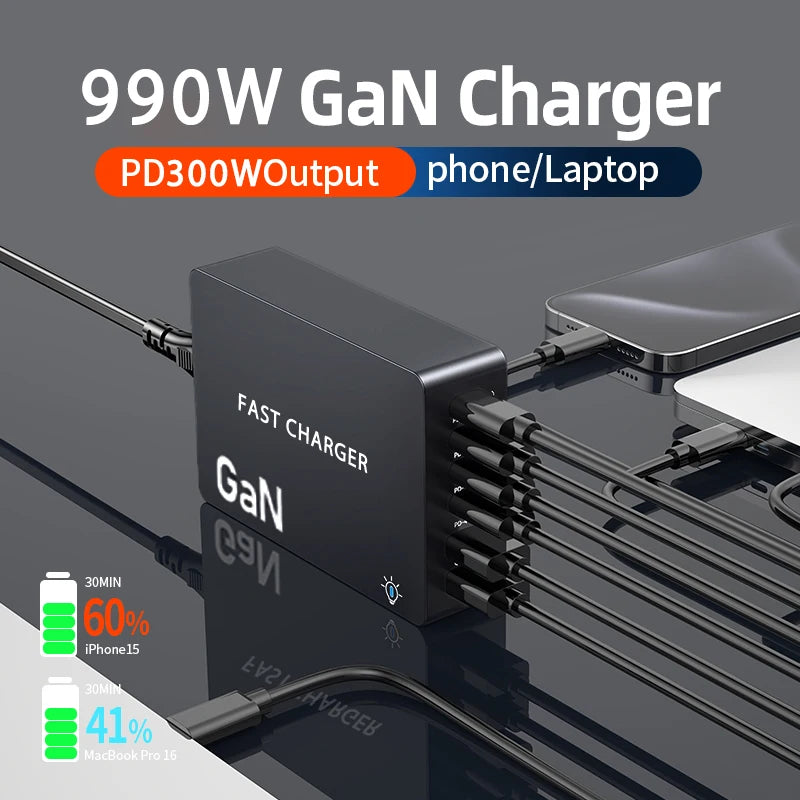 990W GaN Desktop Charging Station – 6-Port Fast Charger with 4 USB-C & 2 USB-A Ports