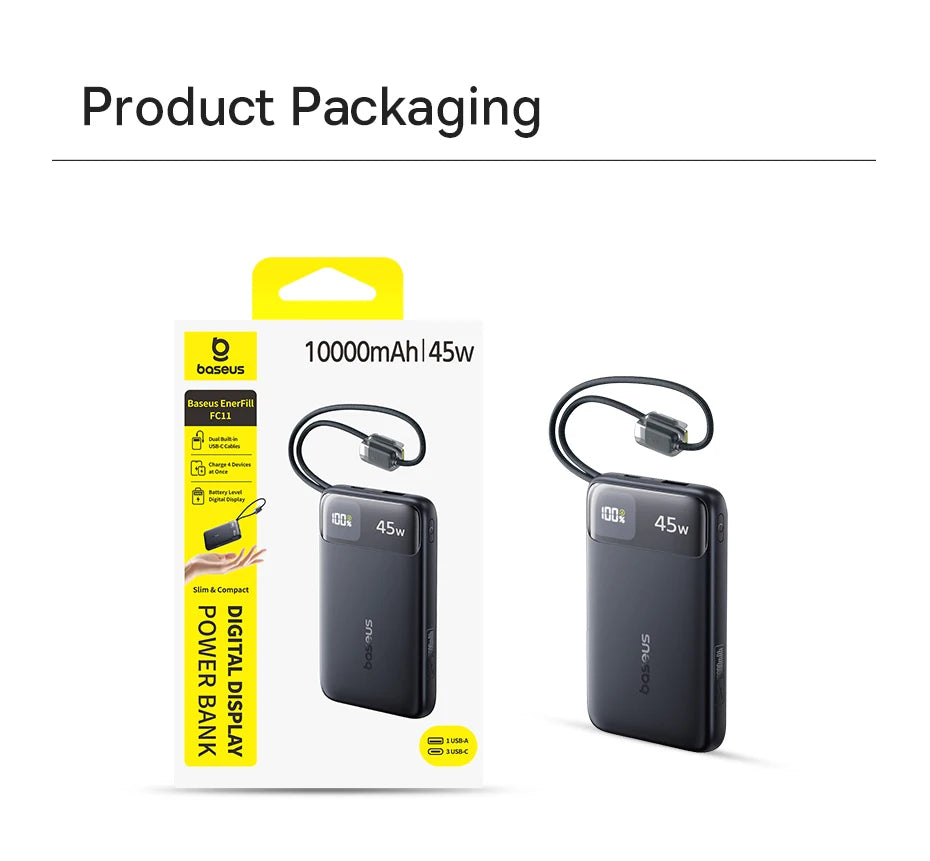 Baseus 45W Power Bank 10000mAh 20000mAh Built-In Dual USB-C Cable Fast Charging for iPhone 17 16 Pro Max Samsung S25 Xiaomi Poco