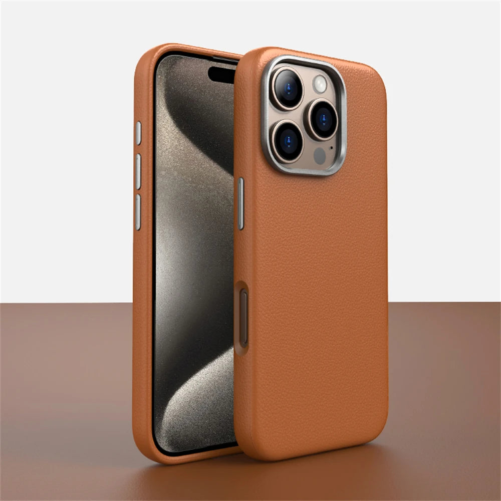 Luxury Business Metal Camera PU Leather Magnetic Case for iPhone 15–17 Series – MagSafe Wireless Protective Cover
