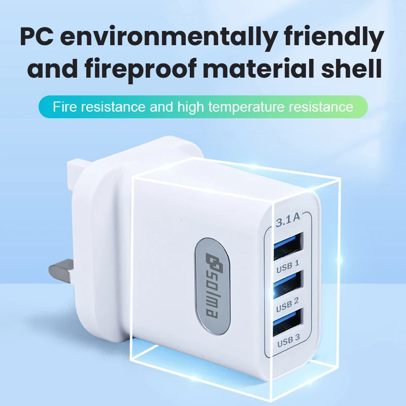 SOLMA Fast USB Charger – 3 Ports, 3.1A for Smartphones