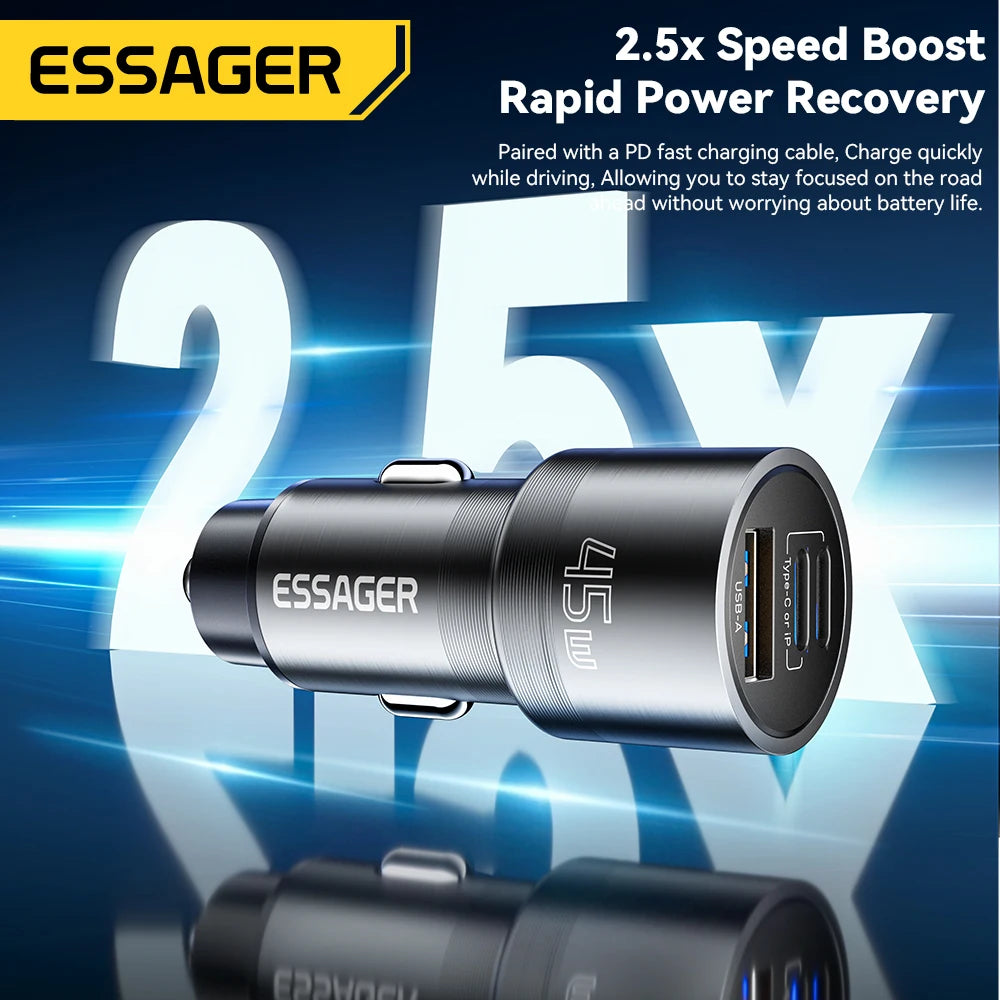 Essager Car Charger 3 Ports 45W USB Type C Fast Charging Phone Quick Charge for IPhone 15 14 Huawei Xiaomi Samsung Laptop Tablet