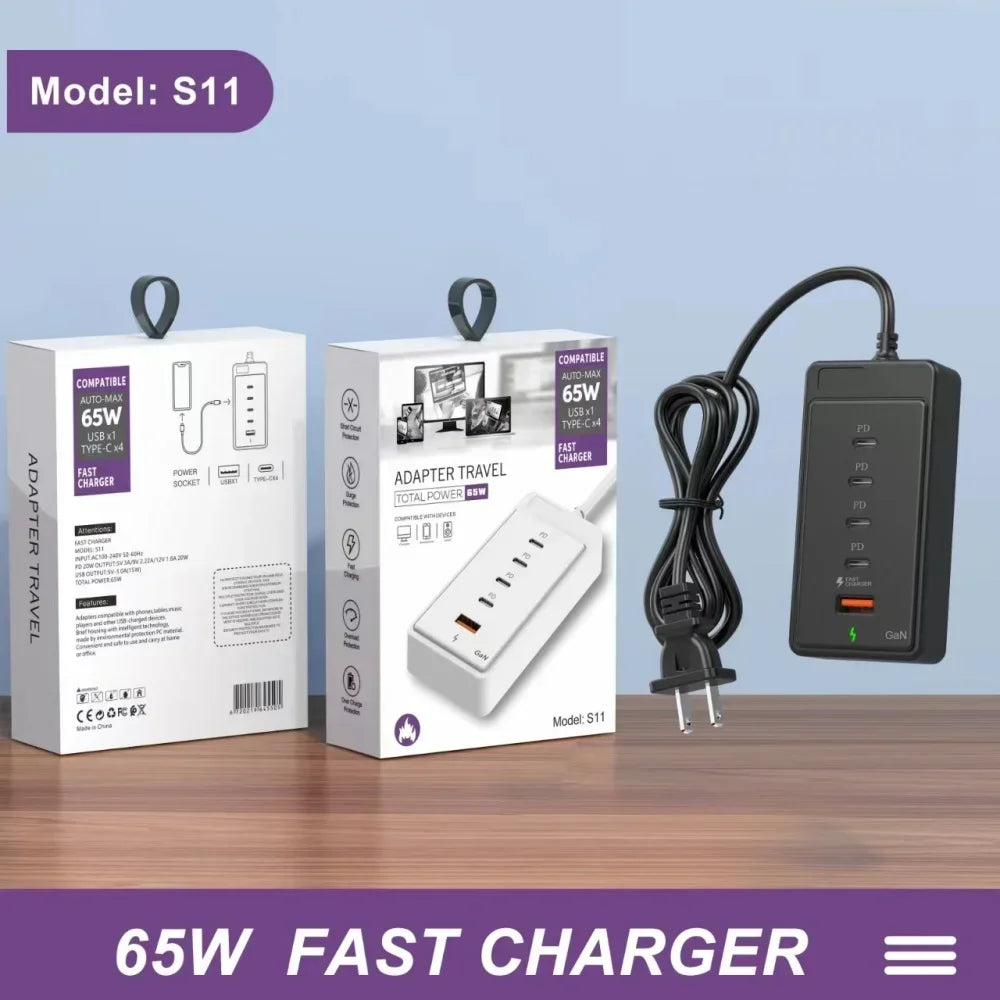 65W USB-C Fast Charging Hub – Multi-Port Wall Charger with 1M Extension Power Socket