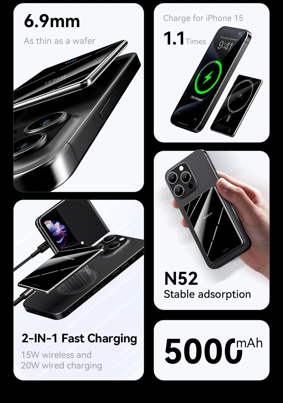 Slim KUULAA Magnetic Power Bank – Wireless for MagSafe