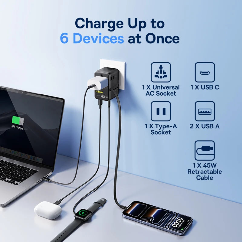 Baseus 6-in-1 GaN Travel Charger – 45W/70W Universal Adapter
