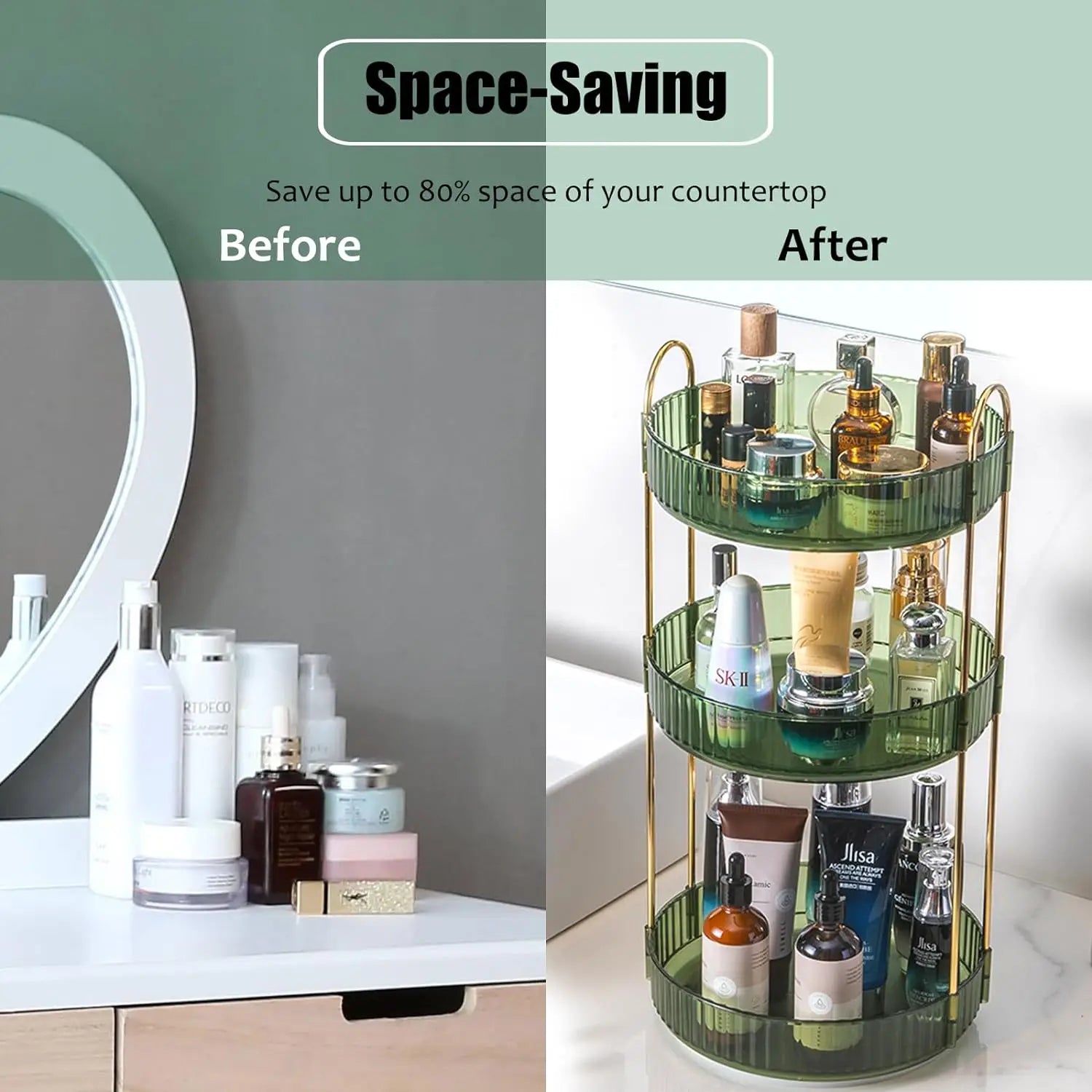 High-Capacity Cosmetic Organizer – 3-Tier Rotating Vanity Storage